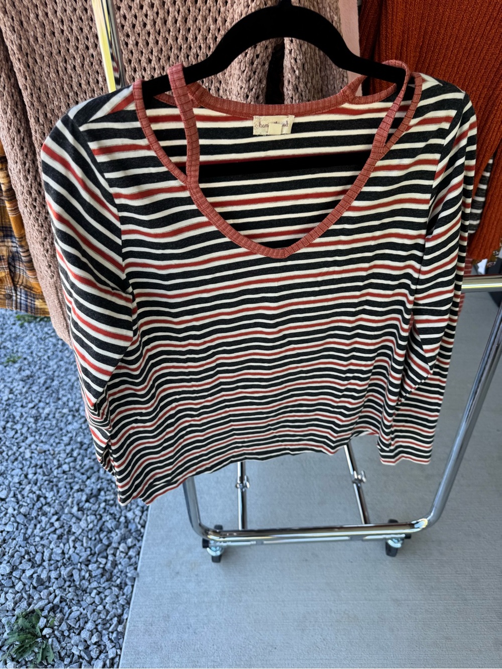 Hem & Thread Black, White and Rust Striped V-Neck Long Sleeve Top